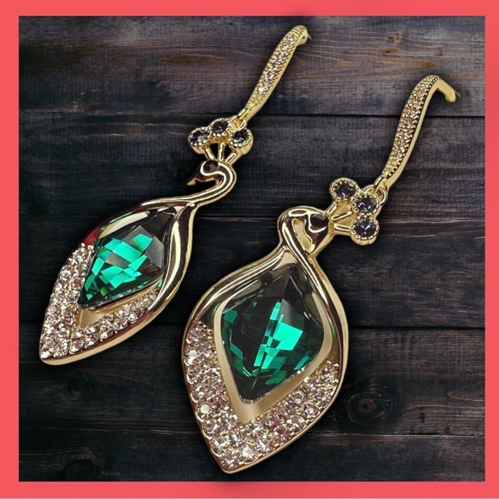 NEW Emerald Green & Clear CZ Goldtone Peacock Motif Drop Earrings